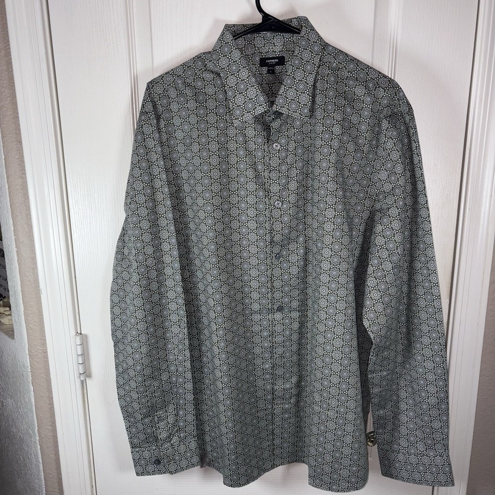 Express Shirt Mens Size XL White Geometric Print Slim Fit Button Long Sleeve